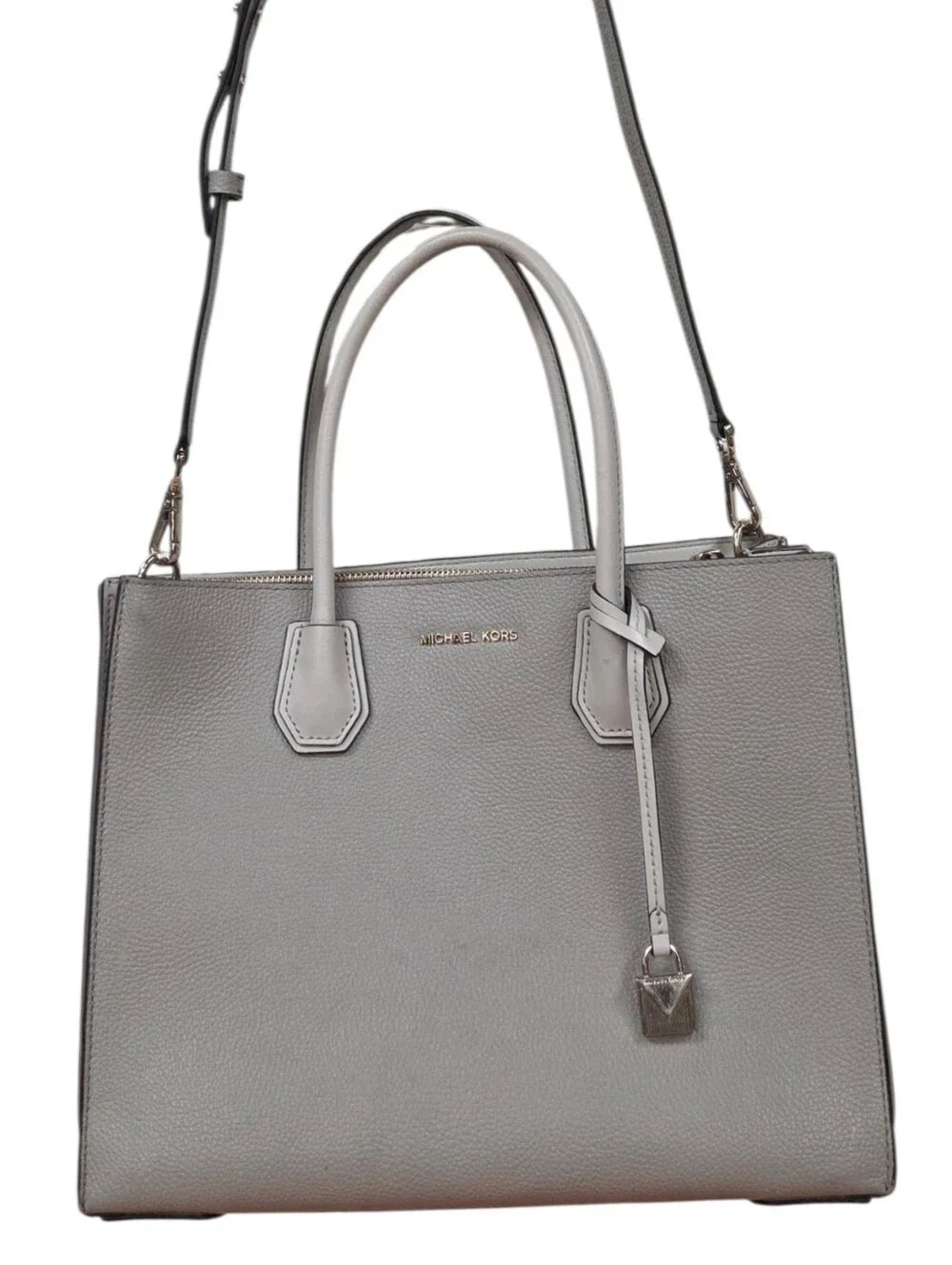 Michael Kors Light Gray Pebbled Leather Satchel with Shoulder Strap